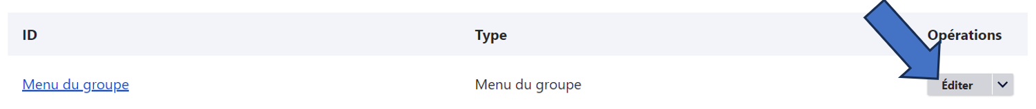 Menu du groupe dans la liste des menus