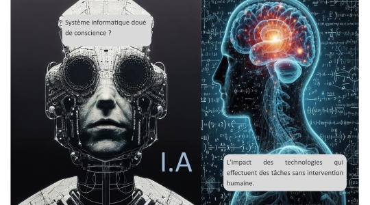 Buste de robot de face en couleur gris avec lunettes futuristes sur 1/2 de l'image, buste d'humain de profil ressemble a une image de rayons x, thème de l'intélligence artificielle.