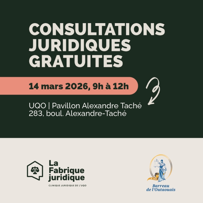 Consultations juridiques gratuites, le 14 mars 2026, de 9h à midi, au 283, boulevard Alexandre-Taché